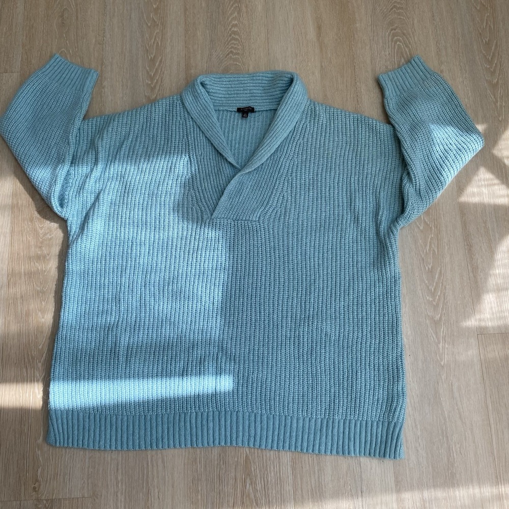 Talbots Plus Size 3X Light Blue Shawl Collar Shaker Knit Sweater Wool Blend